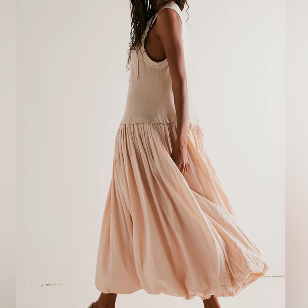 Free People Calla Lily Mixed Media Maxi Dress Pockets Drop Waist Bubble Skirt - Picture 8 of 16